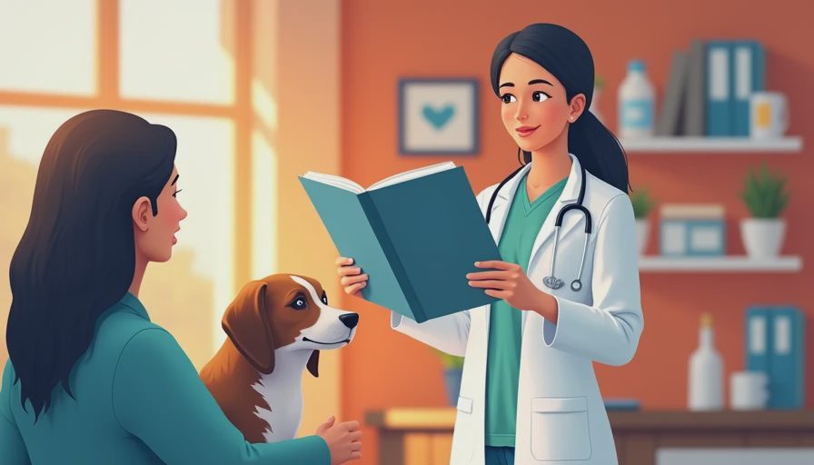 A veterinary professional explaining why human stomach medications are unsafe for dogs in a warm clinic setting.