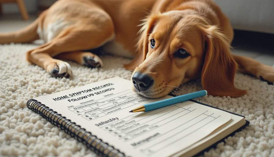A calm dog resting next to a pet health monitoring notebook and a diet trial checklist, representing structured home care.