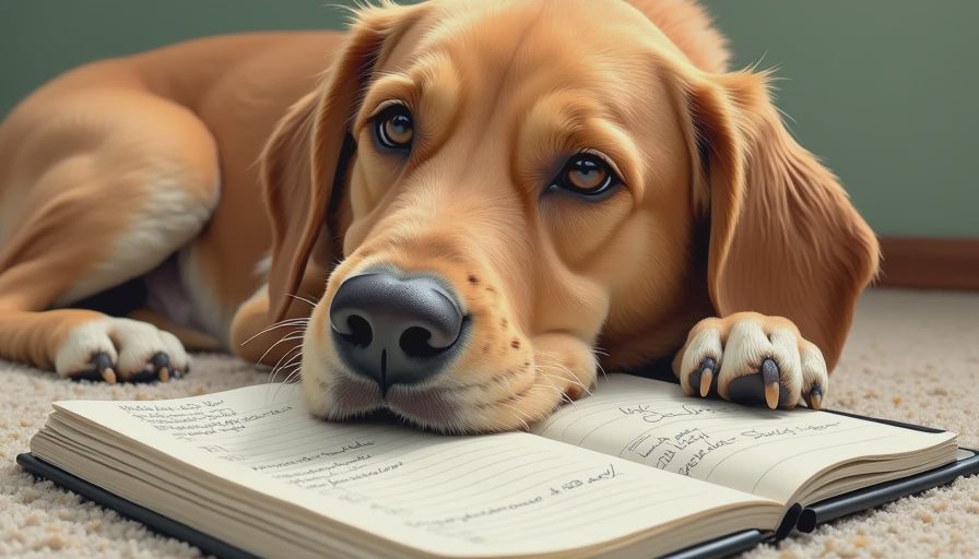 A calm dog resting next to a pet health monitoring notebook, representing careful home observation and safe veterinary guidance.