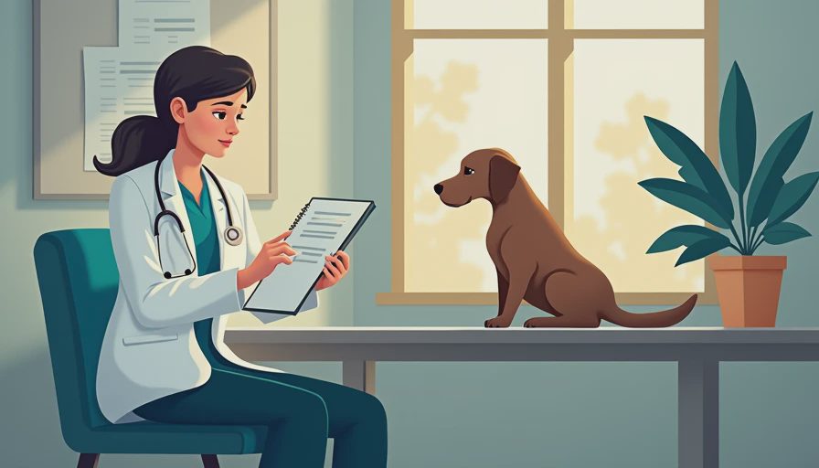 A veterinary professional reviewing senior pet health notes and daily observation timelines in a warm clinic setting.