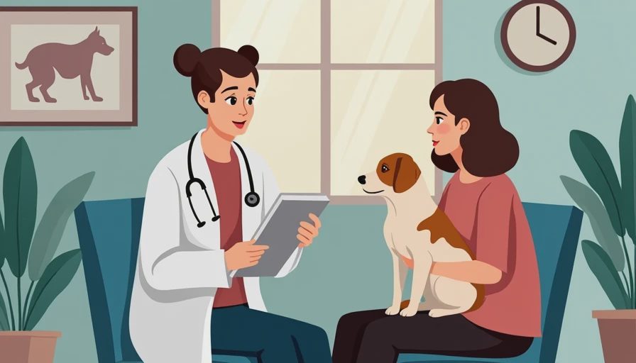 A veterinary professional reviewing senior pet health notes and normal aging signs in a warm clinic setting.