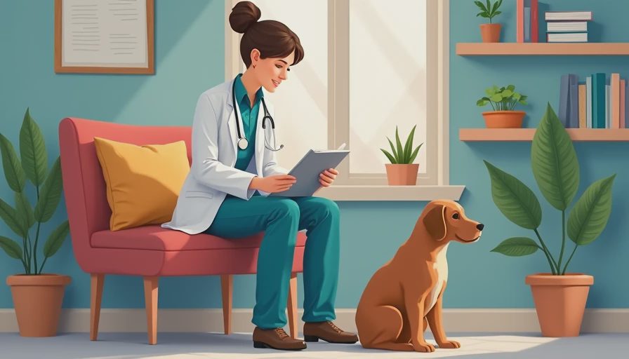 A veterinary professional reviewing senior pet health notes and daily observation timelines in a warm clinic setting.