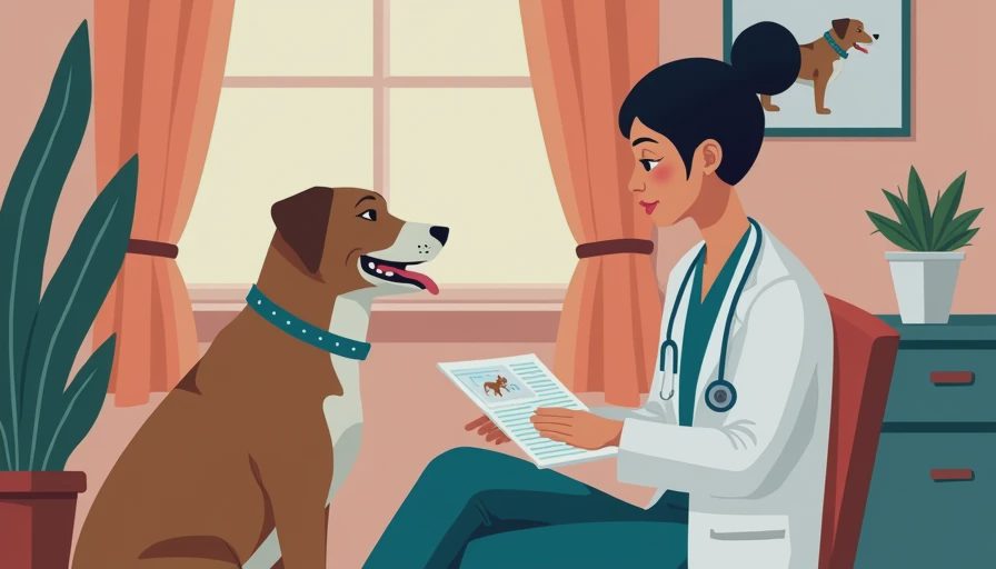 A veterinary professional reviewing pet intermittent limping and mobility notes in a warm clinic setting.