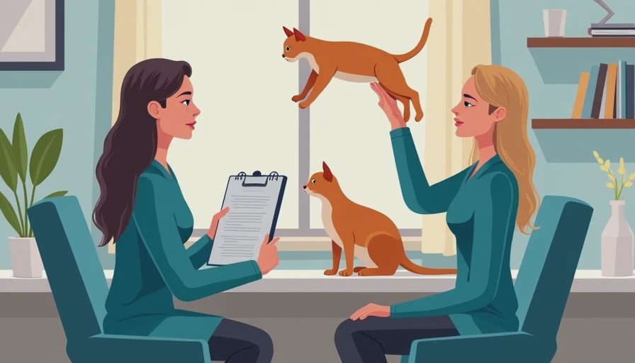 A veterinary professional reviewing cat mobility and jumping behavior notes in a warm clinic setting.