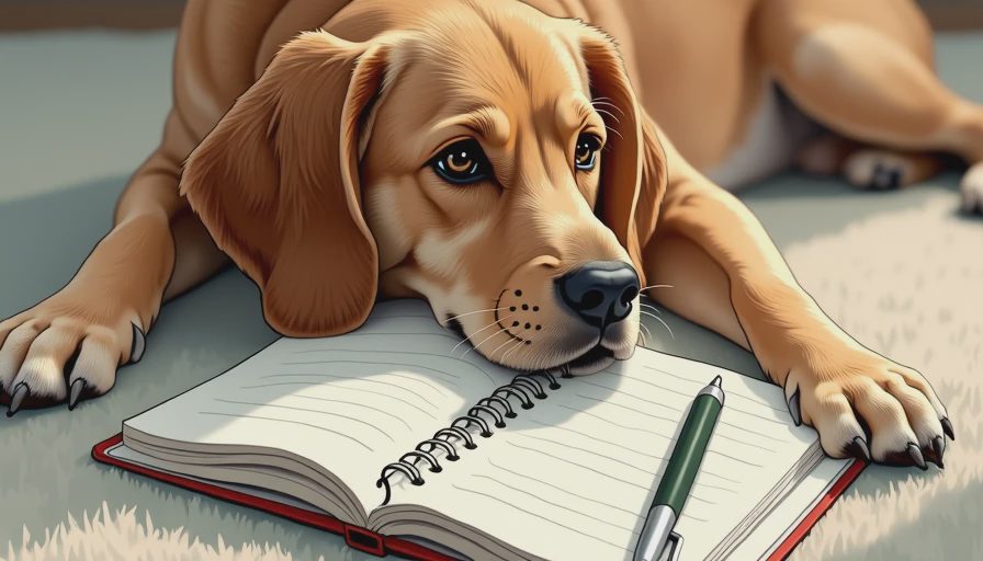 A calm dog resting next to a pet health monitoring notebook, representing careful home observation and gait tracking.