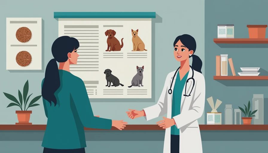 A veterinary technician discussing pet food options and diet formats in a bright clinic setting.