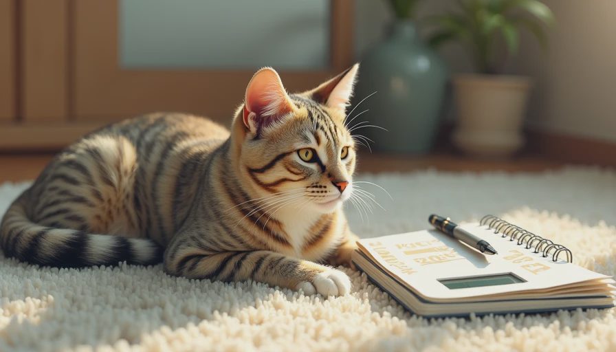 A calm senior cat resting next to a pet scale and a monitoring notebook, illustrating home weight tracking.