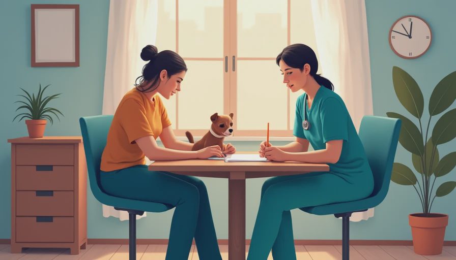 A veterinary professional reviewing pet symptom timelines and notes in a warm clinic setting.