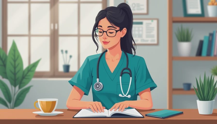 A friendly veterinary technician reviewing pet health notes in a warm, modern clinic office setting.