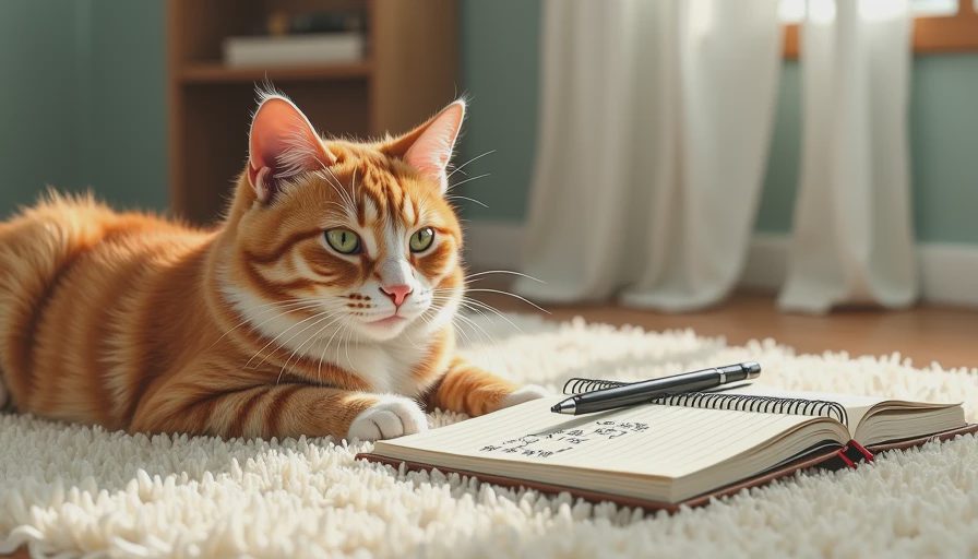 A calm cat resting next to a pet health monitoring notebook, representing careful home observation and symptom tracking.