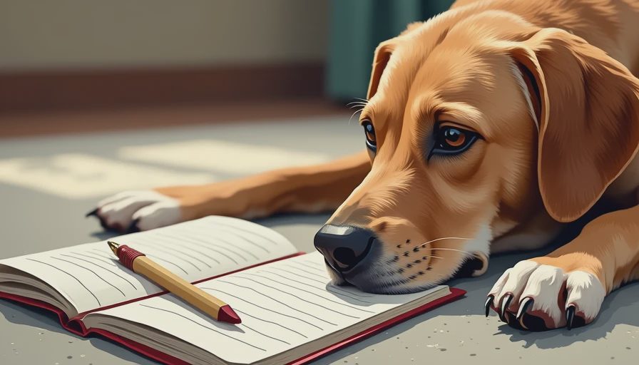 A calm senior dog resting next to a pet health monitoring notebook, representing careful home observation and mobility tracking.