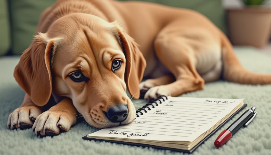 A calm dog resting next to a pet health monitoring notebook, representing careful home observation and clinic preparation.