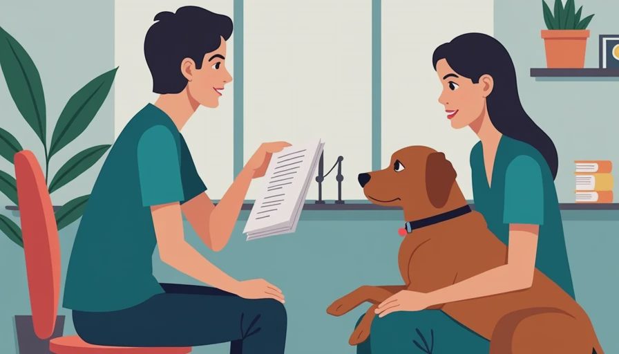 A veterinary professional reviewing pet health notes and clarifying symptoms with an owner in a warm clinic setting.