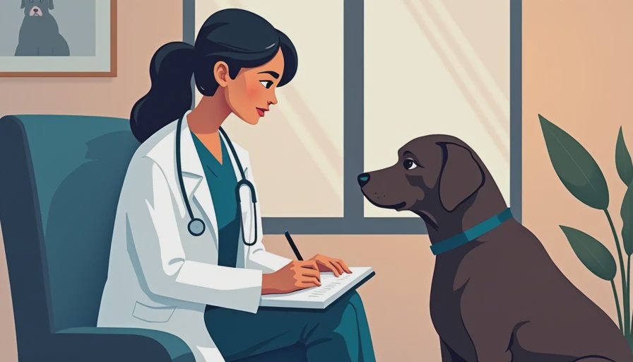 A veterinary professional reviewing pet water intake and health notes in a warm clinic setting.