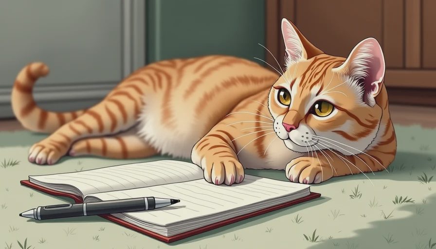 A calm senior cat resting next to a pet health monitoring notebook, representing careful home observation of early kidney disease clues.