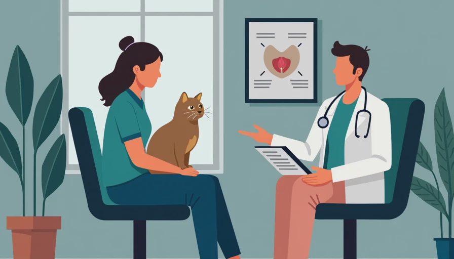 A veterinary professional reviewing senior cat weight trends and health notes in a warm clinic setting.