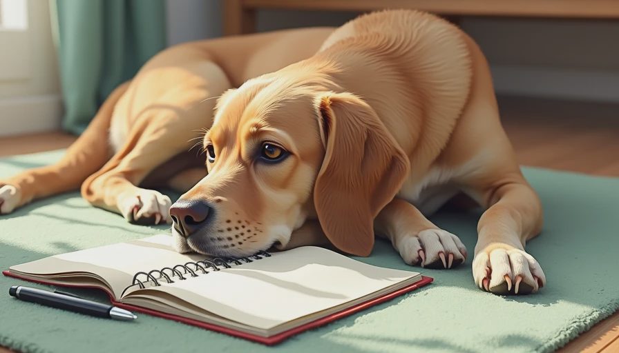 A calm dog resting next to a pet health monitoring notebook, representing careful home observation and symptom tracking.