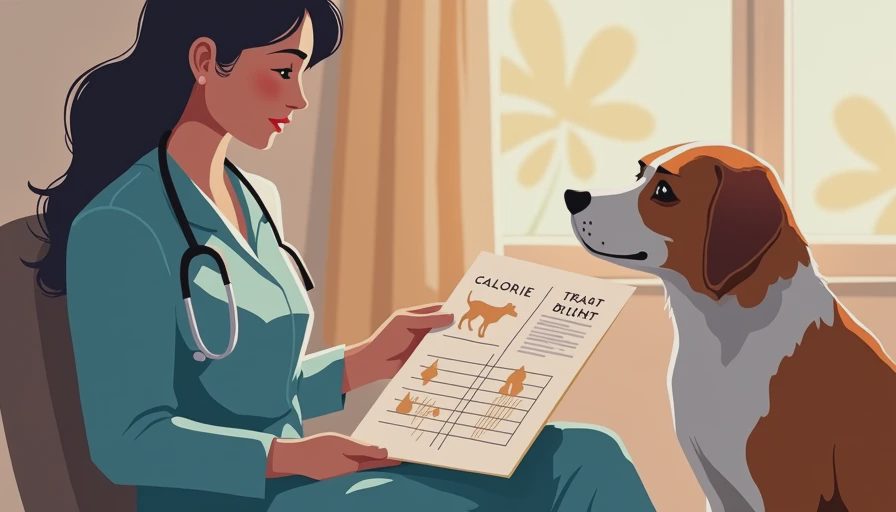 A veterinary professional explaining pet treat calorie percentages and nutrition impact in a warm clinic setting.