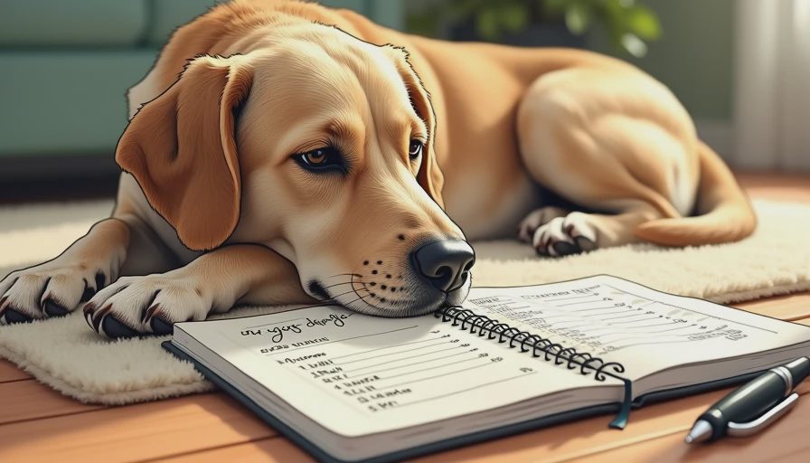 A calm senior dog resting next to a pet health monitoring notebook, representing careful home observation and daily care.