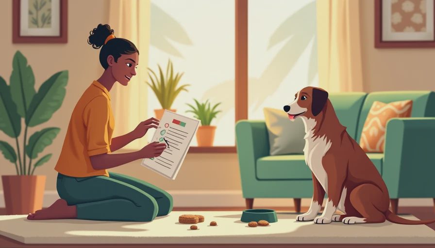 A happy dog resting near a pet nutrition checklist, representing a practical and customized feeding plan.