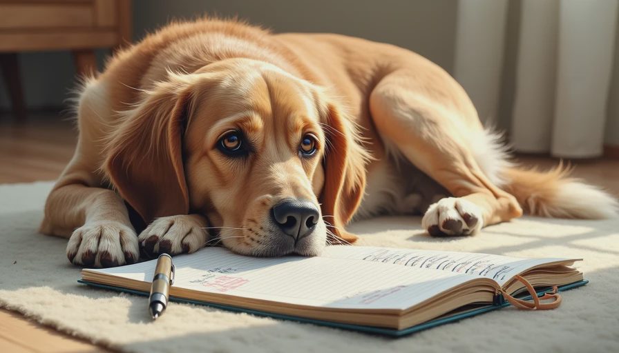 A calm senior dog resting next to a pet health monitoring notebook, representing careful home observation and decision tracking.