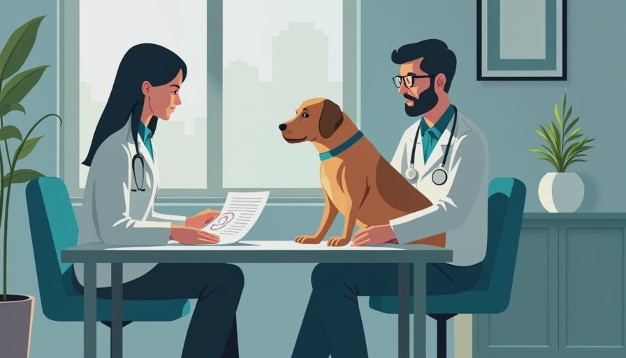 A veterinary professional reviewing pet health data and tracking symptom patterns in a warm clinic office.