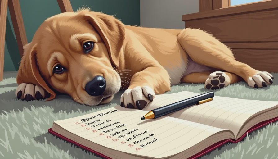 A close-up of a dog next to a detailed pet health logbook, illustrating structured and helpful daily observation notes.
