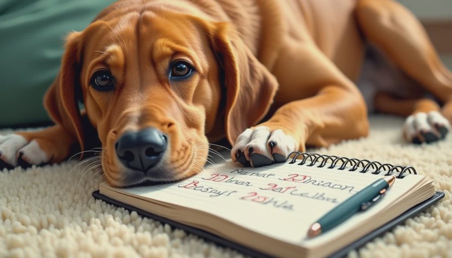 A calm dog resting next to a pet nutrition evaluation checklist, representing mindful and science-based diet choices.