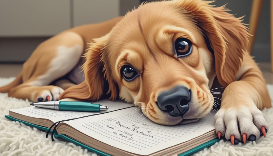 A calm dog resting next to a pet health monitoring notebook, representing careful home observation and water intake tracking.