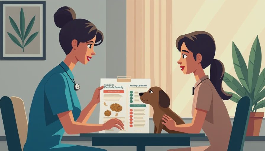 A veterinary professional explaining pet food ingredient formulations and nutrition facts in a warm clinic setting.