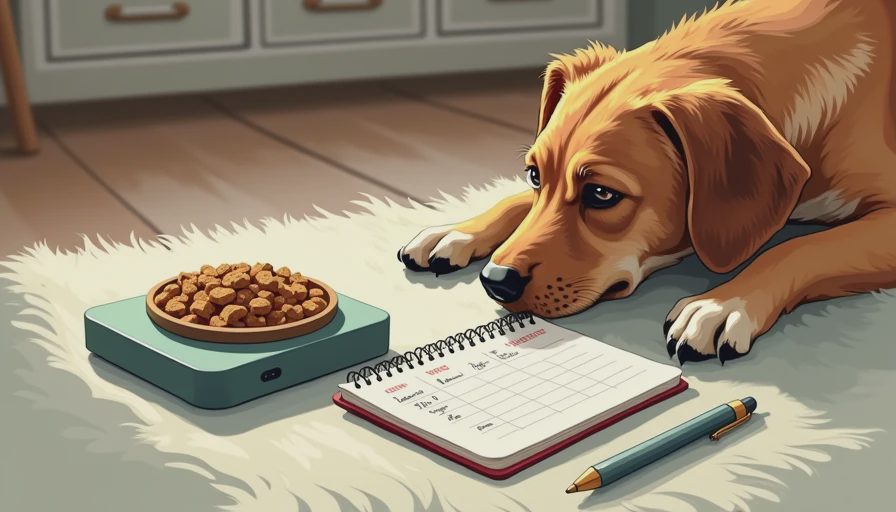 A calm dog resting next to a pet food scale and a daily treat budget monitoring notebook.