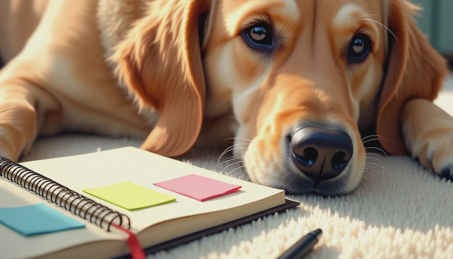 A relaxed dog resting near a pet health tracking notebook and pen, representing daily observation and early detection.