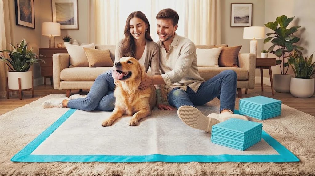 A couple and their golden retriever relax on an extra-large blue-bordered pet pad on a fluffy cream rug in a cozy living room.