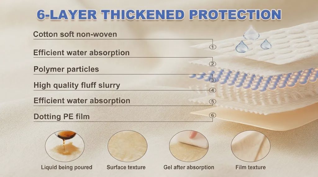 An infographic illustrating the six-layer construction of a dog pee pad, showing materials like non-woven fabric, polymer, and PE film, with close-ups of each layer's function.