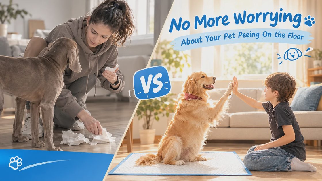 A side-by-side comparison of a messy floor scene with a woman and a dog versus a clean scene with a boy high-fiving a golden retriever on a large pet pee pad. 25 words.