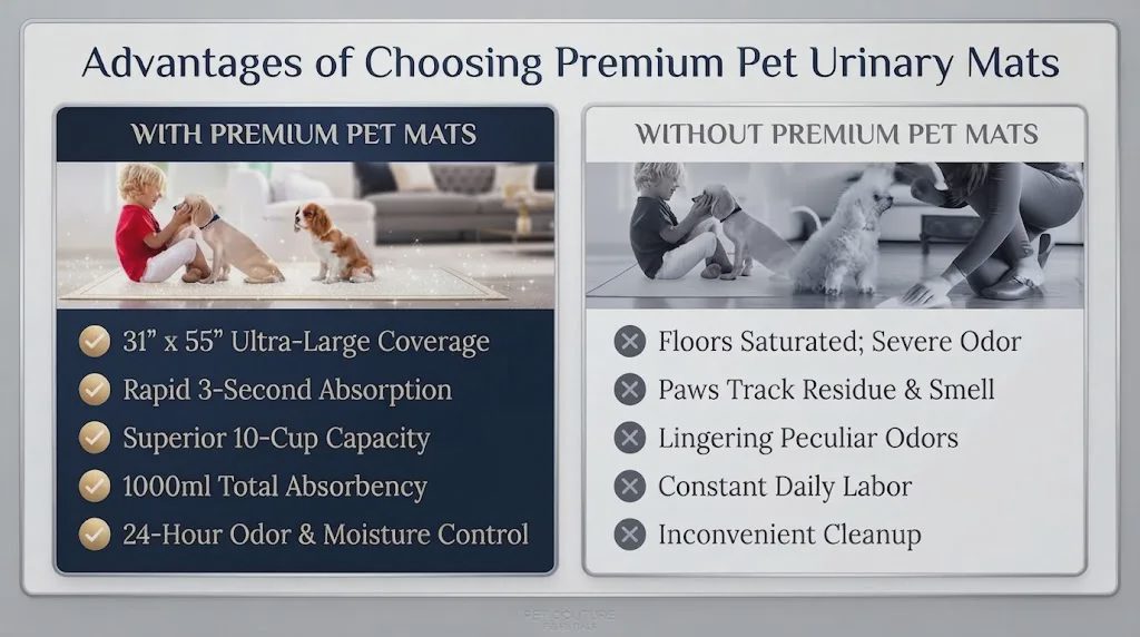 An infographic comparing the advantages of premium pet urinary mats versus using no mats, highlighting features like 31"x55" coverage, rapid 3-second absorption, 1000ml capacity, and 24-hour odor control.