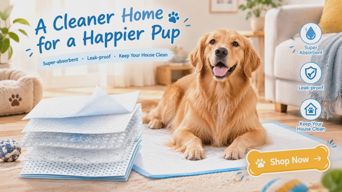 A happy golden retriever resting on an extra-large, super-absorbent dog pee pad, featuring a multi-layer construction infographic and a "Shop Now" call-to-action button.