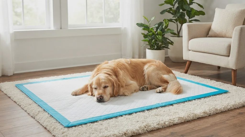 An elderly golden retriever resting comfortably on an extra-large blue and white quilted dog pee pad indoors.