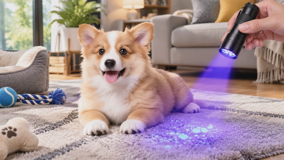 A person's hand holds a black UV flashlight, shining a purple beam onto a carpet where an excited Corgi puppy is lying.