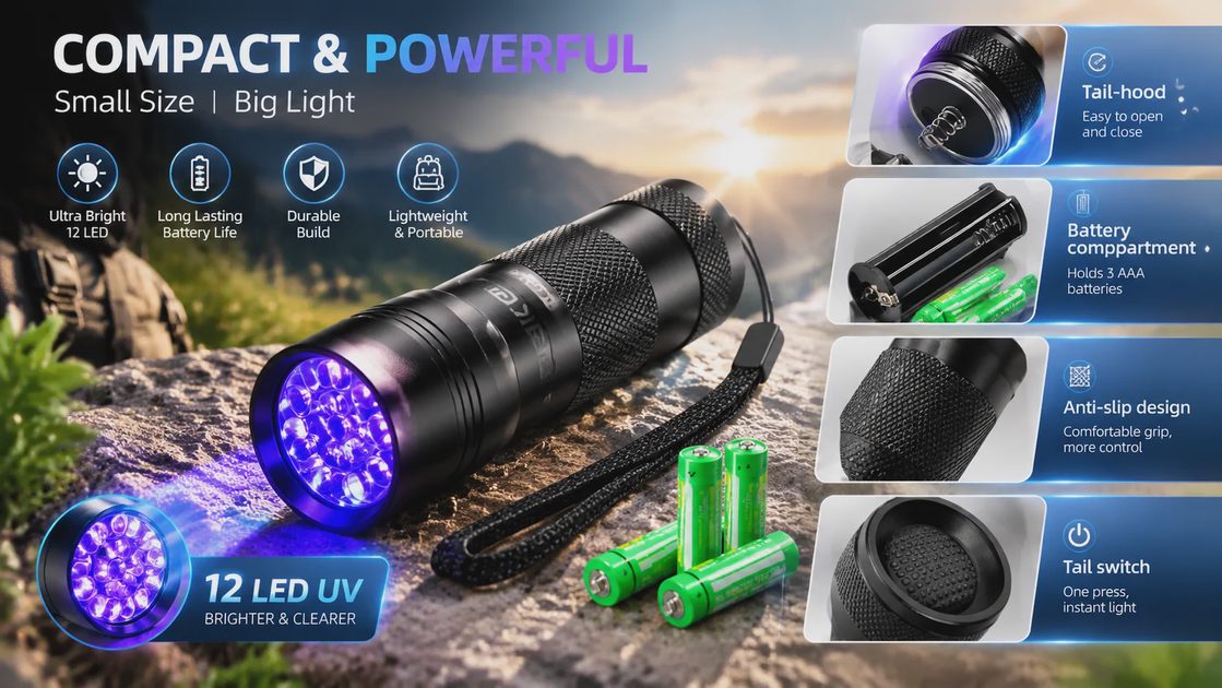 An infographic showing a compact black UV flashlight, its features, 12 LED lights, battery compartment, and anti-slip design.