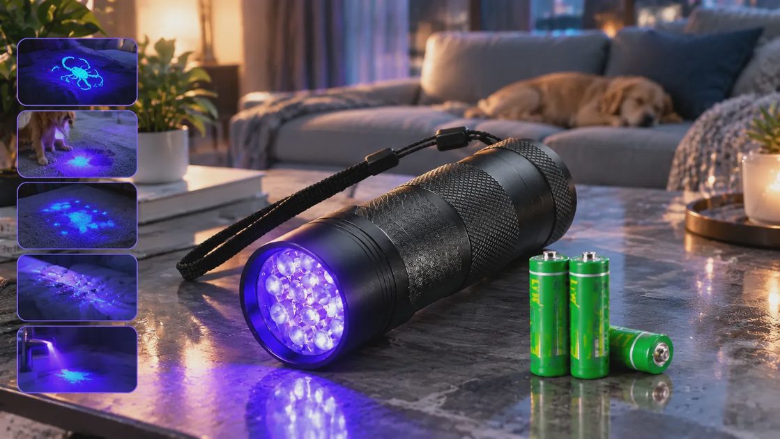 A black UV flashlight with its purple LEDs on, accompanied by green batteries and small inset application image panels.