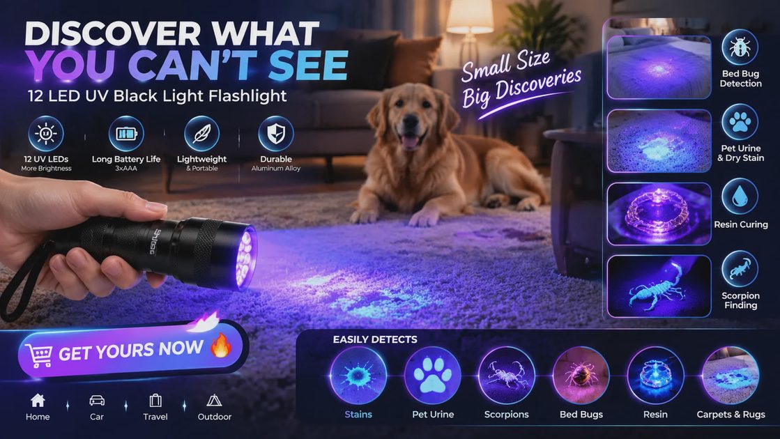A promotional banner for a 12 LED UV black light flashlight featuring a golden retriever and application icons.
