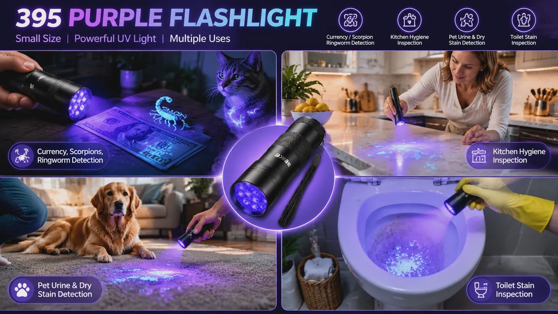 Promotional graphic for a BEIKE 395nm UV flashlight, showcasing its use for detecting currency, scorpions, pet stains, kitchen hygiene, and toilet stains.