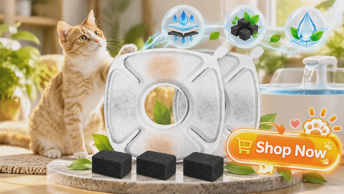 An orange tabby cat looks up from a table displaying round replacement filters and square activated carbon sponges, with diagrams of a triple filtration system above and a 'Shop Now' button below