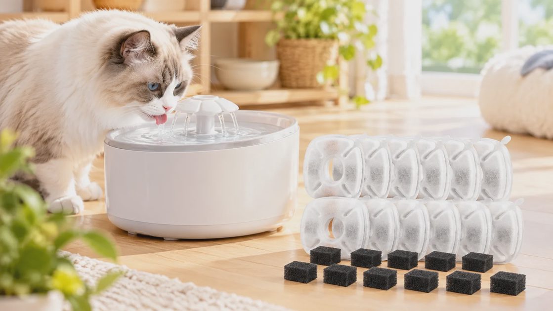 A fluffy cat with blue eyes drinks from a white pet fountain, next to replacement filters and pre-filter sponges on a wooden floor.