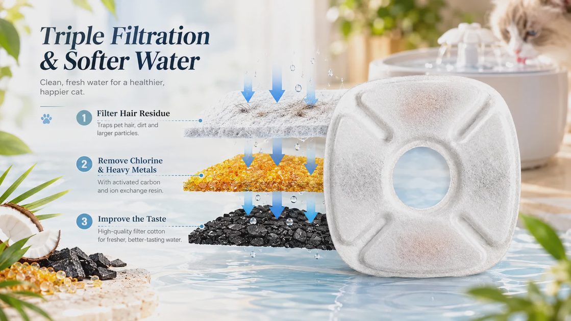 Diagram illustrating the triple filtration system of a pet fountain, showing hair residue trapping, chlorine removal, and taste improvement through cotton, carbon, and resin layers.