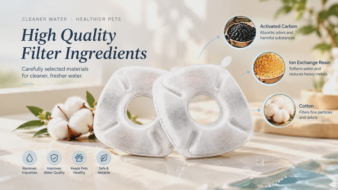 Two cat fountain replacement filters displayed with callouts highlighting high-quality ingredients like activated carbon, ion exchange resin, and cotton.