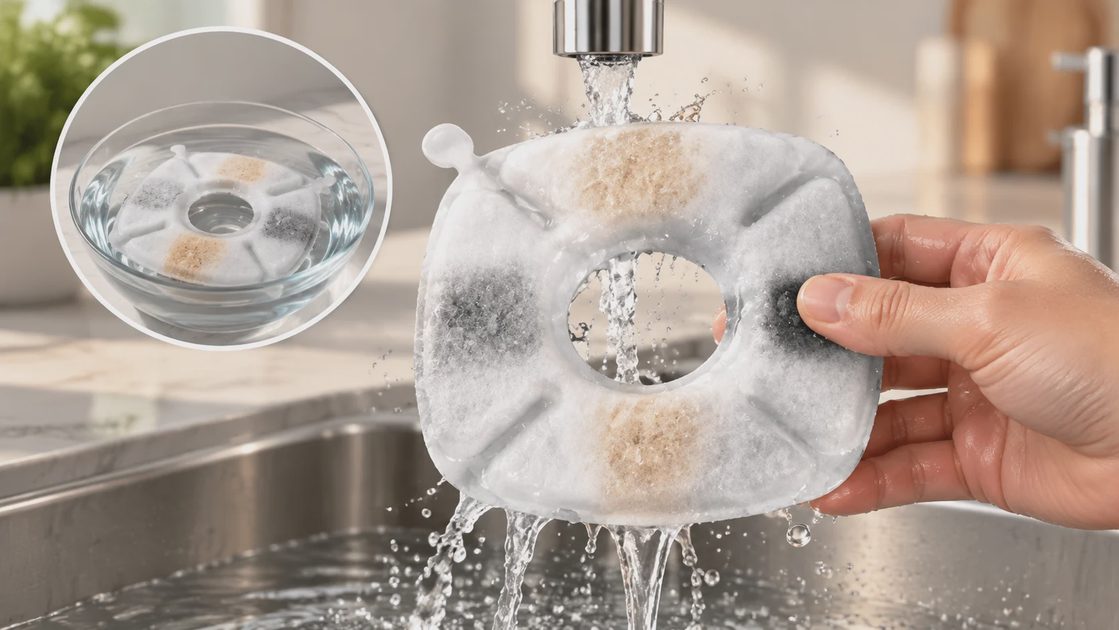 Demonstration of how to rinse a cat fountain replacement filter under a faucet and soak it in a bowl of water before use.